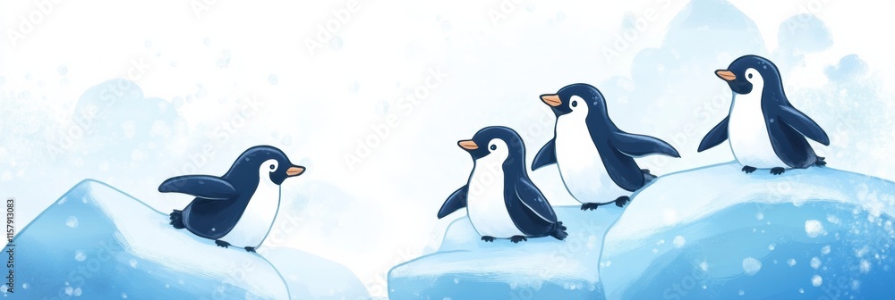 Leinwandbilder playful penguins on floating icebergs interact in a whimsical winter landscape with room for added t