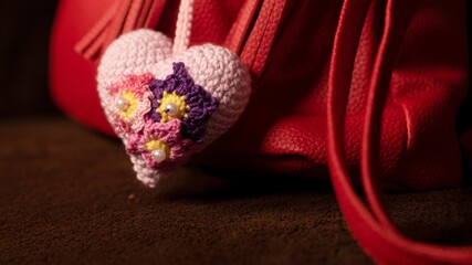 A handcrafted pink heart with colorful crochet embellishments and pearl accents, designed as a charming accessory, captures the eye with unique handmade beauty.
