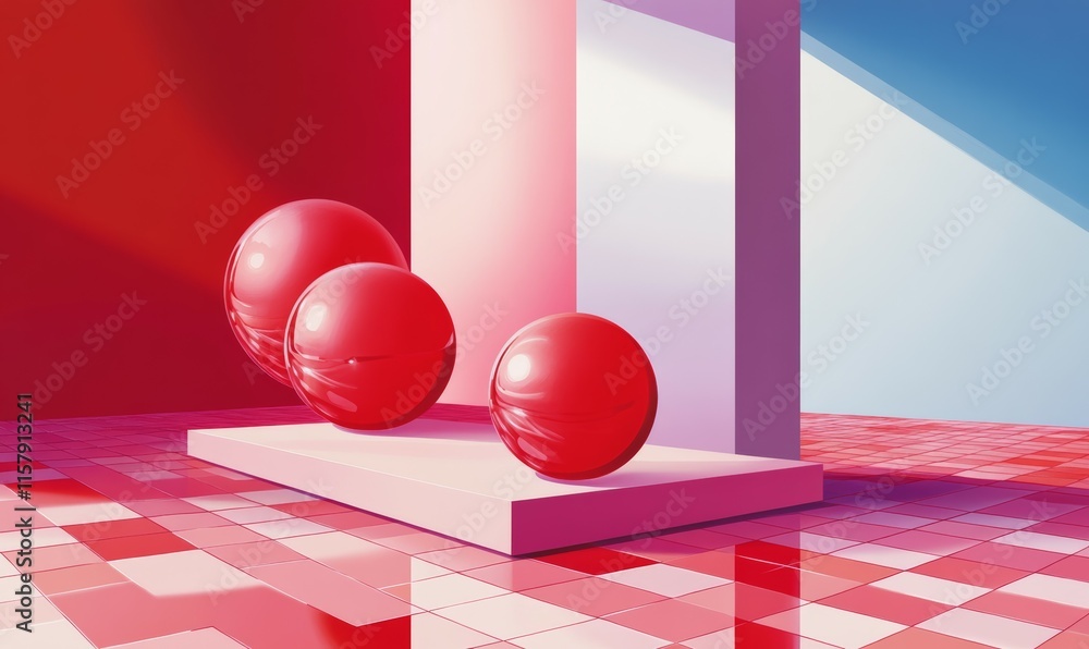 Poster illustration of geometric shapes and forms of shiny spheres on square platform near wall in red and 