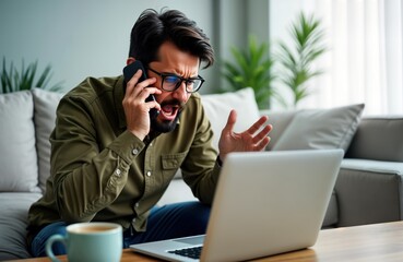 Hispanic man upset on phone. Angry customer complains about bad service. Sits on couch in living room. Frustrated, yelling at someone on smartphone looking at laptop. Customer support problem.