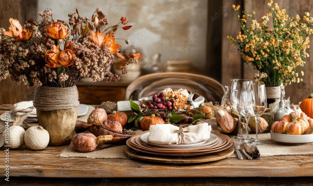 Poster elegant autumn table setting with rustic elements and flowers