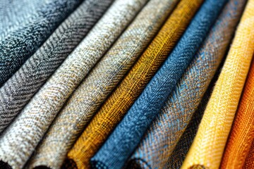 Diverse fabric swatches for furniture upholstery.