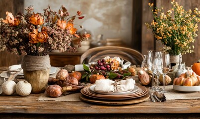 Elegant autumn table setting with rustic elements and flowers