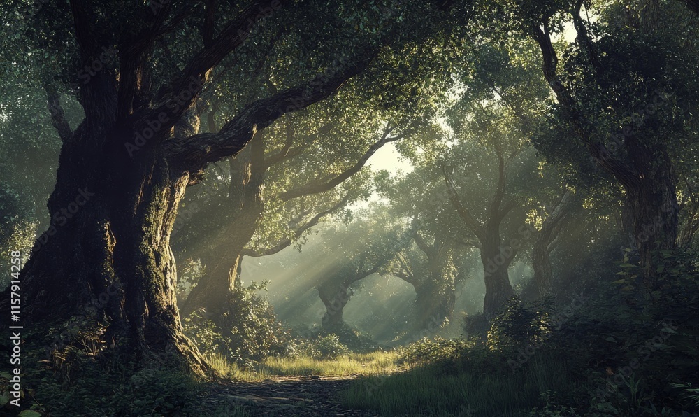 Poster serene forest clearing with ancient trees, sunbeams filtering through dense foliage, creating a drea