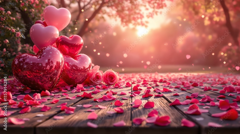 Poster the image shows a wooden deck with a string of red hearts hanging and pink rose petals scattered aro