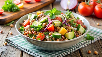 Lentil salad with fresh vegetables on a wooden table with tomatoes in the background