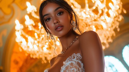 Elegant woman in ornate dress, chandelier backdrop. © Enggal Pitoyo