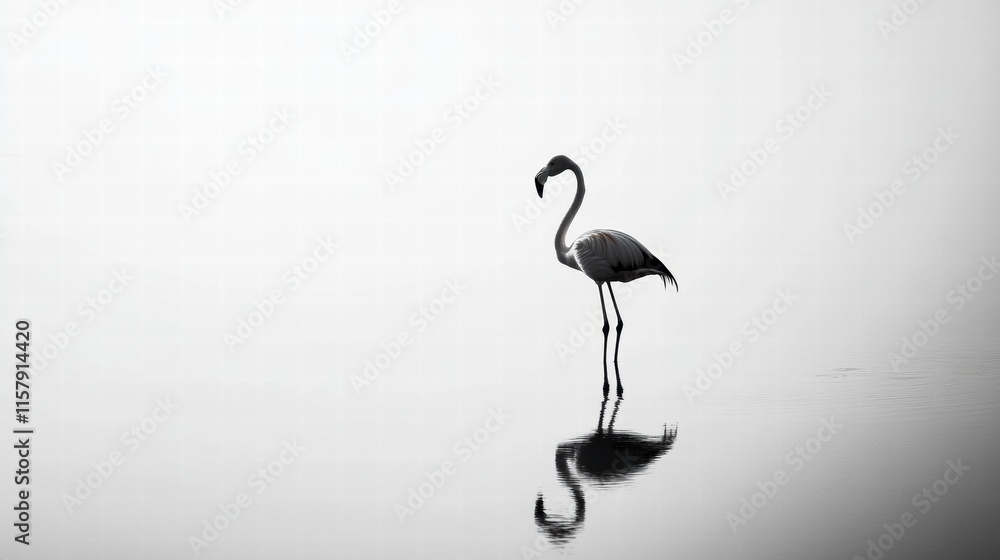 Poster Flamingo standing gracefully on one leg with reflection in calm water and ample copy space for text or design elements. Generative AI