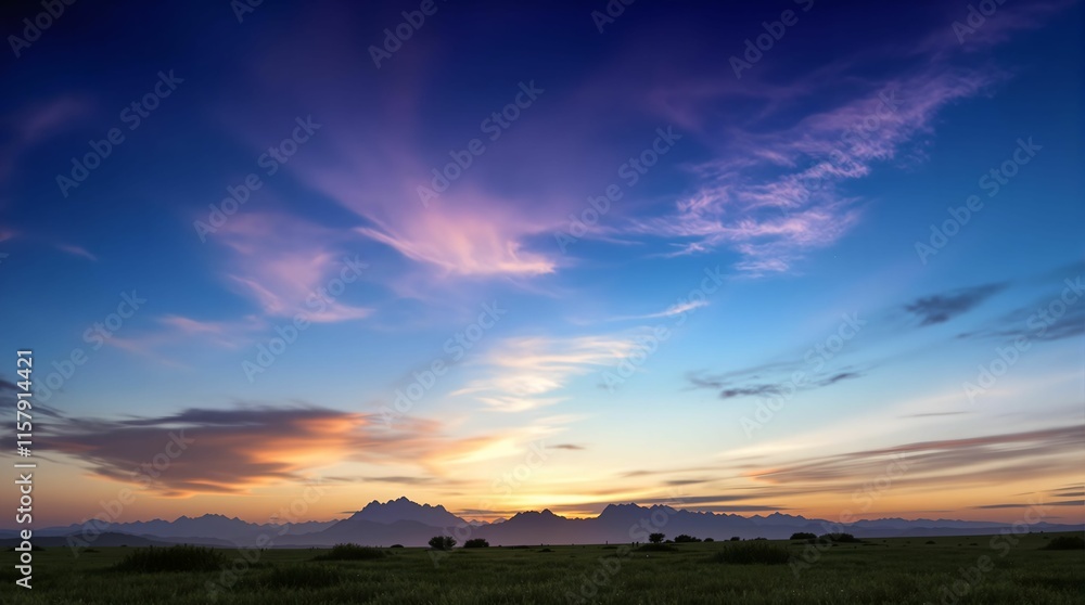 Poster sunset with vibrant colors in the sky, transitioning from warm oranges and pinks to cool blues and purples. The clouds are scattered, adding depth and texture to the scene.