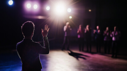A performer acknowledging applause under stage lights, representing gratitude and appreciation for support.