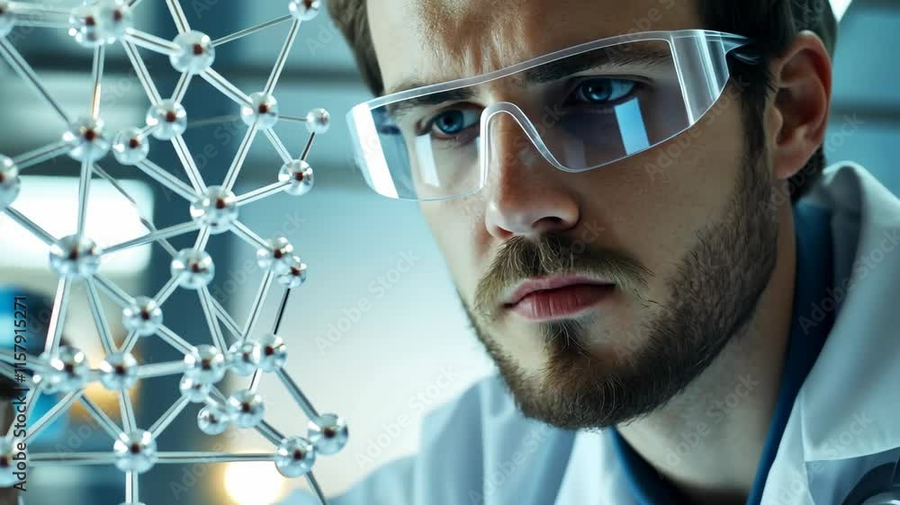 Poster scientist examines molecular structure in laboratory setting with focus on research and innovation