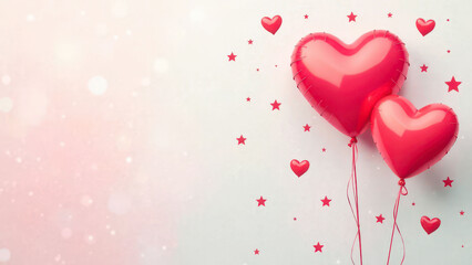 Red heart-shaped balloons and stars on a light pink background