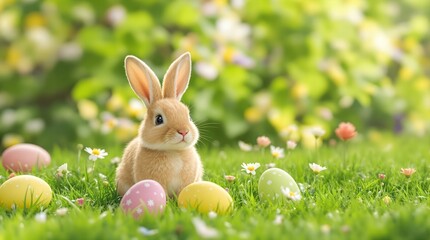 A cute brown Easter bunny is sitting on a grassy field surrounded by colorful eggs, with green leaves and white flowers in the background.