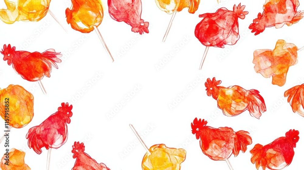 Poster Vibrant rooster shaped lollipops surrounding mock up space for creative text placement. Generative AI