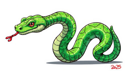 Naklejka premium Cartoon green snake with red eyes and forked tongue