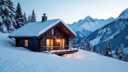 Cozy wooden cabin in snowy mountain landscape at dusk with warm lights