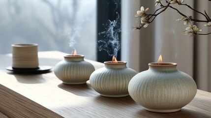Three lit ceramic candles on wooden surface near window.
