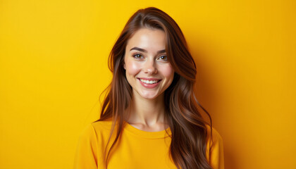 Naklejka premium Radiant Woman Smiling Against a Vivid Yellow Background