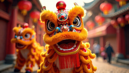 Vibrant lion dance in traditional asian festival celebration
