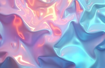 Obraz premium Abstract iridescent pastel holographic background. Smooth flowing shapes. Modern 80s style. Crumpled iridescent foil textile. Synthwave vaporwave. Retro futurism. Webpunk. Pastel colors. Hologram