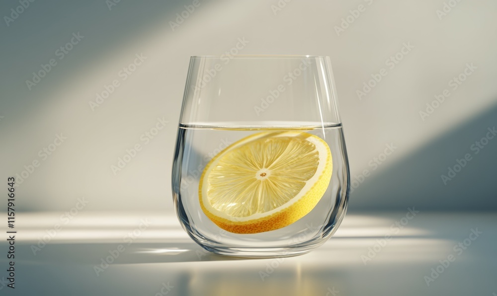 Poster glass of sparkling water with a single lemon slice floating inside, captured against a plain gray ba