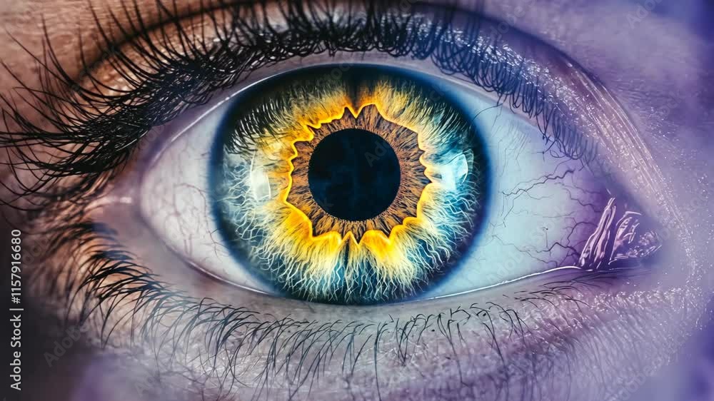 Poster intricate eye close-up revealing vivid colors and patterns with an impressive depth and detail