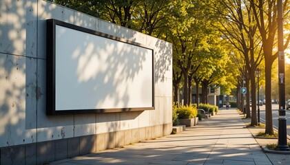 Obraz premium blank billboards on the sidewalks lined with trees. warm sunlight, calm and inviting atmosphere.