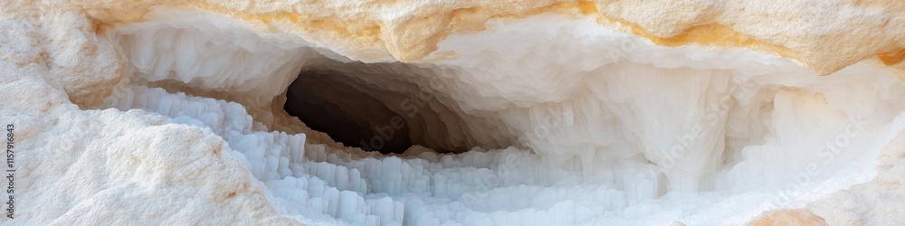 Poster a hole in the ground with ice and snow around it. the hole is large and deep, and the ice and snow a