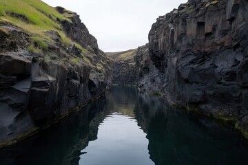 A river with a rocky canyon in the background. The water is calm and clear. The scene is peaceful and serene