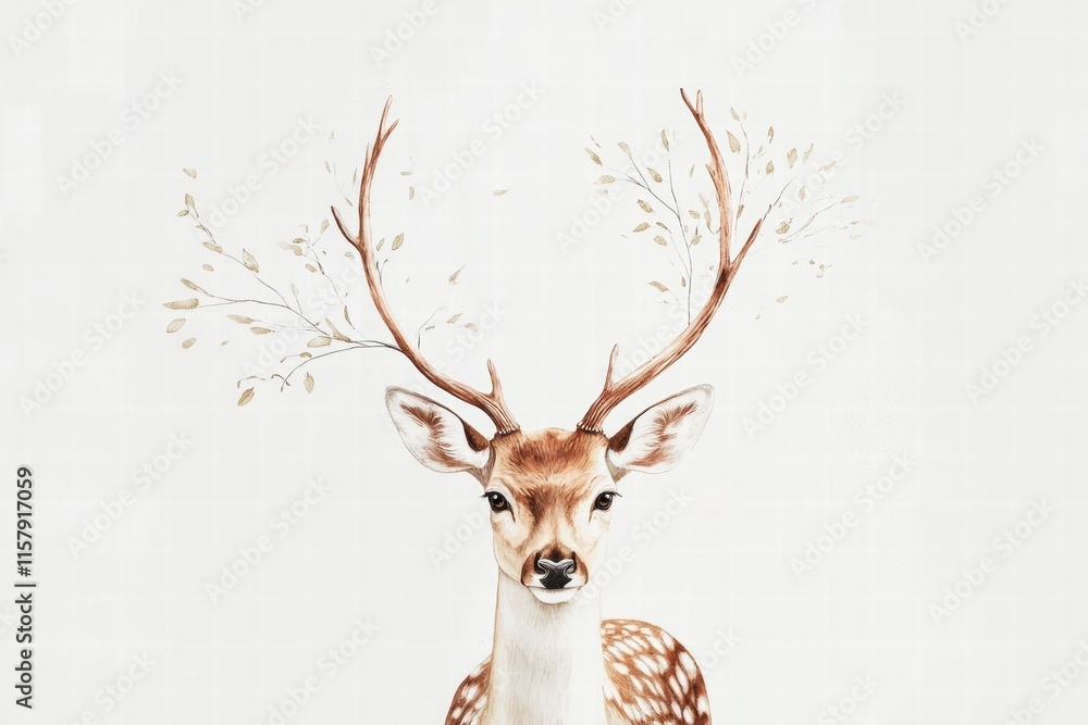 Poster Elegant illustrated deer with branching antlers in a minimalistic design featuring ample copy space. Generative AI