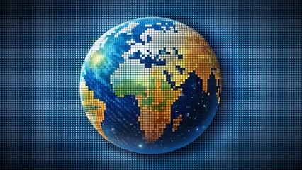 A pixelated digital globe showcasing continents in vibrant colors, surrounded by a glowing blue gradient, symbolizing technology and global connectivity.