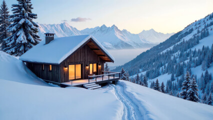 Cozy mountain cabin in snowy alpine landscape with warm glowing windows at sunset