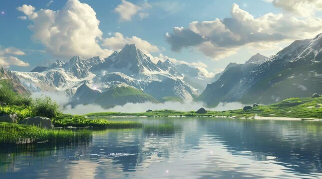 Tranquil lake by majestic mountains with cold misty ambiance and serene landscape  
Seamless looping 4k time-lapse virtual video animation Generated AI