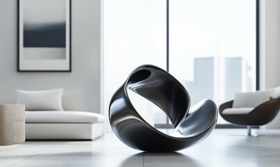 Modern abstract sculpture in polished bronze, capturing the fluid motion of wind in sharp, elegant curves, displayed in a minimalist gallery setting,