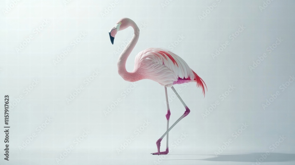 Poster Flamingo stands gracefully on one leg in a bright and minimalistic environment with ample copy space available. Generative AI