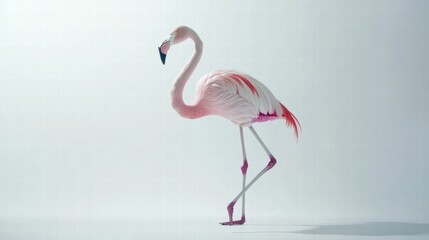 Fototapeta premium Flamingo stands gracefully on one leg in a bright and minimalistic environment with ample copy space available. Generative AI