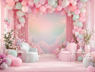 indoor setting with a pink and white color scheme, featuring a backdrop with balloons, curtains, and a cloud design, as well as two white armchairs and a pink carpet on a wooden floor.