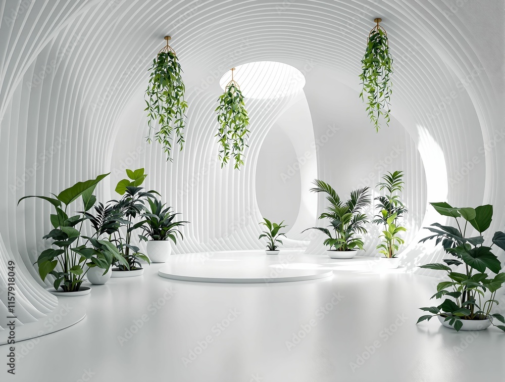 Poster abstract, futuristic interior with curvilinear walls and geometric shapes. it features a white platf
