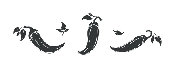 Vector Set of Chili Peppers. Hot Chilli Pepper. Spicy Food. Black and White Hand drawn illustration.