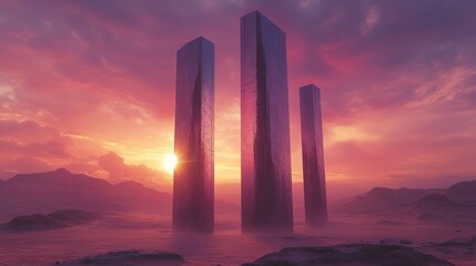 Three tall, reflective pillars stand in a misty desert landscape at sunset.