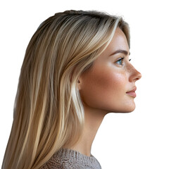 Beautiful young woman with long blonde hair and freckles in profile on a white background