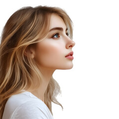 Beautiful woman with flowing blonde hair in profile view against a white background, portrait