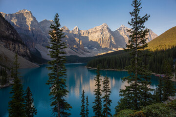 Stunning view of Moraine Lake surrounded by the Canadian Rockies in Alberta, Canada
