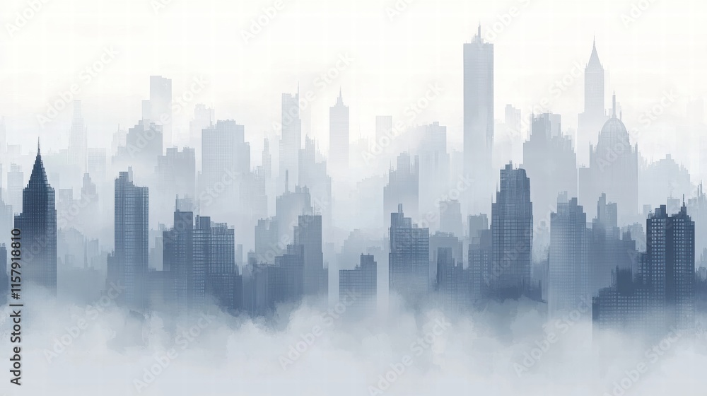Poster Dense smog blankets a sprawling city skyline creating an atmospheric view of urban life and structures. Generative AI