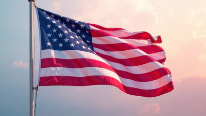 Obraz premium American flag waving in the wind against a cloudy sky