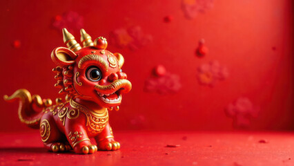 Colorful red and gold chinese dragon figurine on festive background