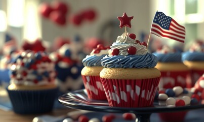 Patriotic cupcakes and desserts on the table at a Fourth of July party.