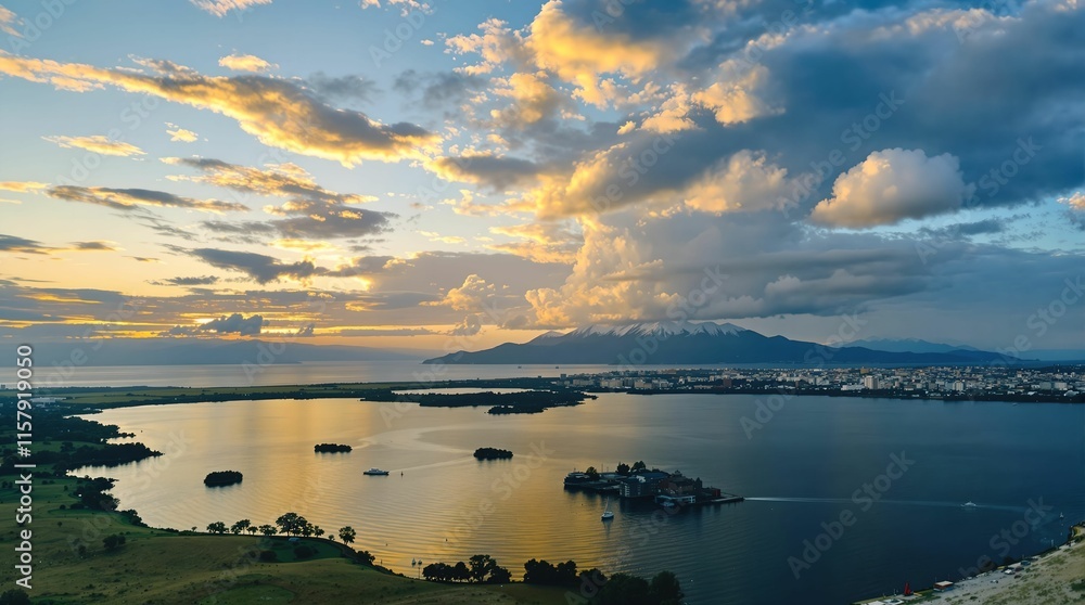Poster the image shows a scenic view of a lake with distant mountains and a cityscape in the background, wi