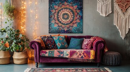Bohemian living room with purple velvet sofa, mandala wall art, and string lights.
