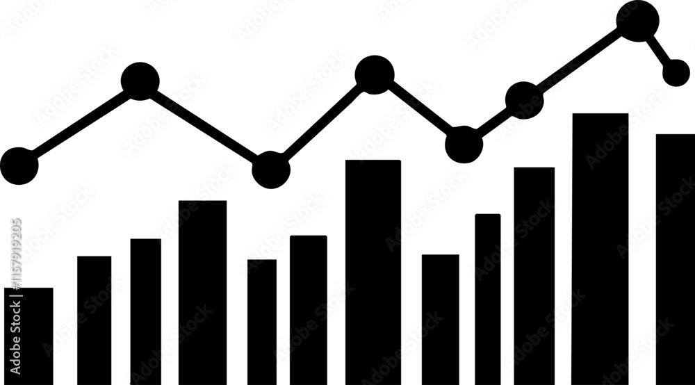 Poster black and white bar and line graph representing data analysis and trends.